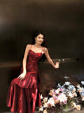 Elegant Mermaid Spaghetti Straps Sleeveless Wine Red Long Evening Dress Prom Dresses HZ1121