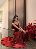 Elegant Mermaid Spaghetti Straps Sleeveless Wine Red Long Evening Dress Prom Dresses HZ1121