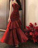Elegant Mermaid Spaghetti Straps Sleeveless Wine Red Long Evening Dress Prom Dresses HZ1121