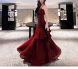 Elegant Mermaid Spaghetti Straps Sleeveless Dark Red Burgundy Long Evening Dress Prom Dresses HZ1121