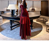 Elegant Mermaid Spaghetti Straps Sleeveless Dark Red Burgundy Long Evening Dress Prom Dresses HZ1121