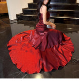 Elegant Mermaid Spaghetti Straps Sleeveless Maroon Prom Gown Long Evening Dress Prom Dresses HZ1121