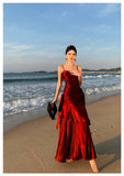 Modest Mermaid Spaghetti Straps Sleeveless Maroon Red Long Evening Dress Prom Dresses HZ1121