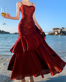 Modest Mermaid Spaghetti Straps Sleeveless Maroon Red Long Evening Dress Prom Dresses HZ1121