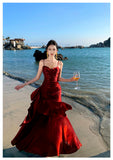 Modest Mermaid Spaghetti Straps Sleeveless Maroon Red Long Evening Dress Prom Dresses HZ1121