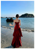 Modest Mermaid Spaghetti Straps Sleeveless Maroon Red Long Evening Dress Prom Dresses HZ1121