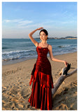Modest Mermaid Spaghetti Straps Sleeveless Maroon Red Long Evening Dress Prom Dresses HZ1121