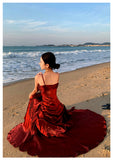 Modest Mermaid Spaghetti Straps Sleeveless Maroon Red Long Evening Dress Prom Dresses HZ1121
