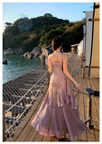 Pretty Mermaid Spaghetti Straps Sleeveless Pink Prom Gown Long Evening Dress Prom Dresses HZ1121