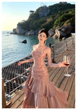 Pretty Mermaid Spaghetti Straps Sleeveless Pink Prom Gown Long Evening Dress Prom Dresses HZ1121