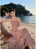 Pretty Mermaid Spaghetti Straps Sleeveless Pink Prom Gown Long Evening Dress Prom Dresses HZ1121