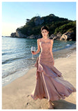 Pretty Mermaid Spaghetti Straps Sleeveless Pink Prom Gown Long Evening Dress Prom Dresses HZ1121