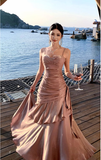 Pretty Mermaid Spaghetti Straps Sleeveless Pink Prom Gown Long Evening Dress Prom Dresses HZ1121