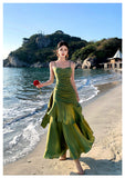 Pretty Mermaid Spaghetti Straps Sleeveless Green Prom Gown Long Evening Dress Prom Dresses HZ1121