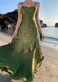 Pretty Mermaid Spaghetti Straps Sleeveless Green Prom Gown Long Evening Dress Prom Dresses HZ1121