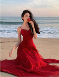 Modest Mermaid Spaghetti Straps Sleeveless Red Long Evening Dress Prom Dresses HZ1121