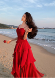 Modest Mermaid Spaghetti Straps Sleeveless Red Long Evening Dress Prom Dresses HZ1121