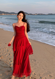Modest Mermaid Spaghetti Straps Sleeveless Red Long Evening Dress Prom Dresses HZ1121