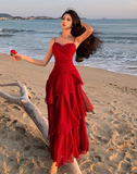 Modest Mermaid Spaghetti Straps Sleeveless Red Long Evening Dress Prom Dresses HZ1121