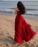 Modest Mermaid Spaghetti Straps Sleeveless Red Long Evening Dress Prom Dresses HZ1121