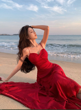 Modest Mermaid Spaghetti Straps Sleeveless Red Long Evening Dress Prom Dresses HZ1121