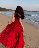 Modest Mermaid Spaghetti Straps Sleeveless Red Long Evening Dress Prom Dresses HZ1121