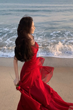 Modest Mermaid Spaghetti Straps Sleeveless Red Long Evening Dress Prom Dresses HZ1121