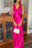 Chic Halter V-Neck Pleated Satin Sleeveless Long Party Dress Prom Dresses HZ1121