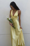 Chic Halter V-Neck Pleated Satin Sleeveless Long Party Dress Prom Dresses HZ1121