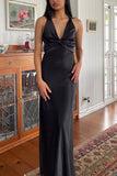 Chic Halter V-Neck Pleated Satin Sleeveless Long Party Dress Prom Dresses HZ1121