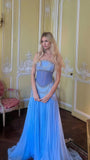 Classy Mermaid Luxury Baby Blue Pearl Chiffon Prom Dress Princess Birthday Dress Long Prom Dresses HZ1121