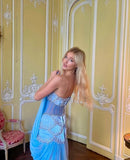 Classy Mermaid Luxury Baby Blue Pearl Chiffon Prom Dress Princess Birthday Dress Long Prom Dresses HZ1121
