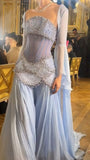 Classy Mermaid Luxury Baby Blue Pearl Chiffon Prom Dress Princess Birthday Dress Long Prom Dresses HZ1121