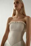 Chic Beige Pleated Strapless Contrast Color Stitching Prom Dress Long Prom Dresses HZ1121