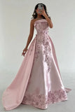 Elegant Pink A-Line Strapless Satin Party Dress with Appliques and Court Train HZ1121