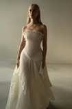 Chic Beige Pleated Strapless Contrast Color Stitching Prom Dress Long Prom Dresses HZ1121