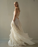Chic Beige Pleated Strapless Contrast Color Stitching Prom Dress Long Prom Dresses HZ1121