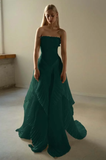 Chic Beige Pleated Strapless Contrast Color Stitching Prom Dress Long Prom Dresses HZ1121