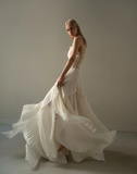 Chic Beige Pleated Strapless Contrast Color Stitching Prom Dress Long Prom Dresses HZ1121