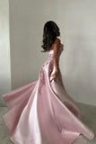 Elegant Pink A-Line Strapless Satin Party Dress with Appliques and Court Train HZ1121