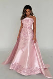 Elegant Pink A-Line Strapless Satin Party Dress with Appliques and Court Train HZ1121