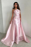 Elegant Pink A-Line Strapless Satin Party Dress with Appliques and Court Train HZ1121