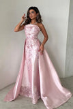 Elegant Pink A-Line Strapless Satin Party Dress with Appliques and Court Train HZ1121