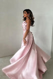 Elegant Pink A-Line Strapless Satin Party Dress with Appliques and Court Train HZ1121