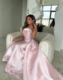 Elegant Pink A-Line Strapless Satin Party Dress with Appliques and Court Train HZ1121