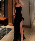 Classy Black Strapless Sheath Ruffles Long Evening Dress Birthday Outfits Party Dress Formal Dress HZ1121