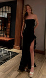 Classy Black Strapless Sheath Ruffles Long Evening Dress Birthday Outfits Party Dress Formal Dress HZ1121