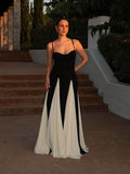 Elegant Pink A-Line Spaghetti Straps Black Satin Party Dress Long Prom Dresses HZ1121