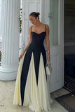 Elegant Pink A-Line Spaghetti Straps Black Satin Party Dress Long Prom Dresses HZ1121