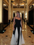 Elegant Pink A-Line Spaghetti Straps Black Satin Party Dress Long Prom Dresses HZ1121